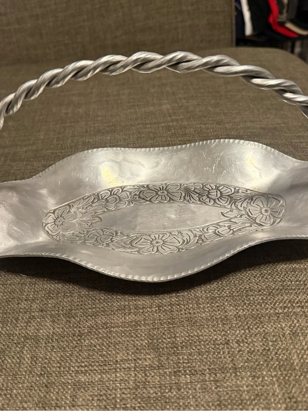 Camper Silver Decorative Floral Metal Basket with Twisted Handle